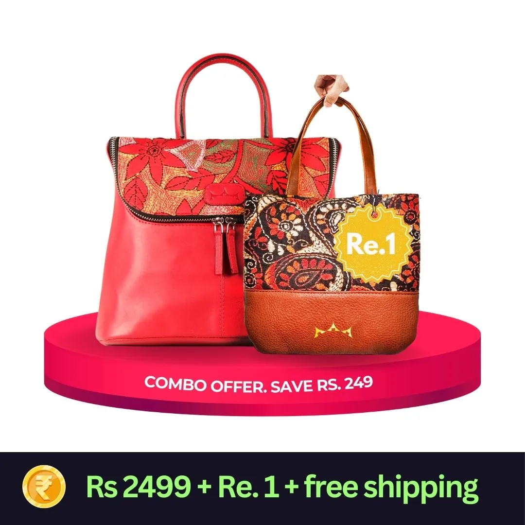 Combo of Leather Embroidery Scarlet Red Handbag & Mini Tote