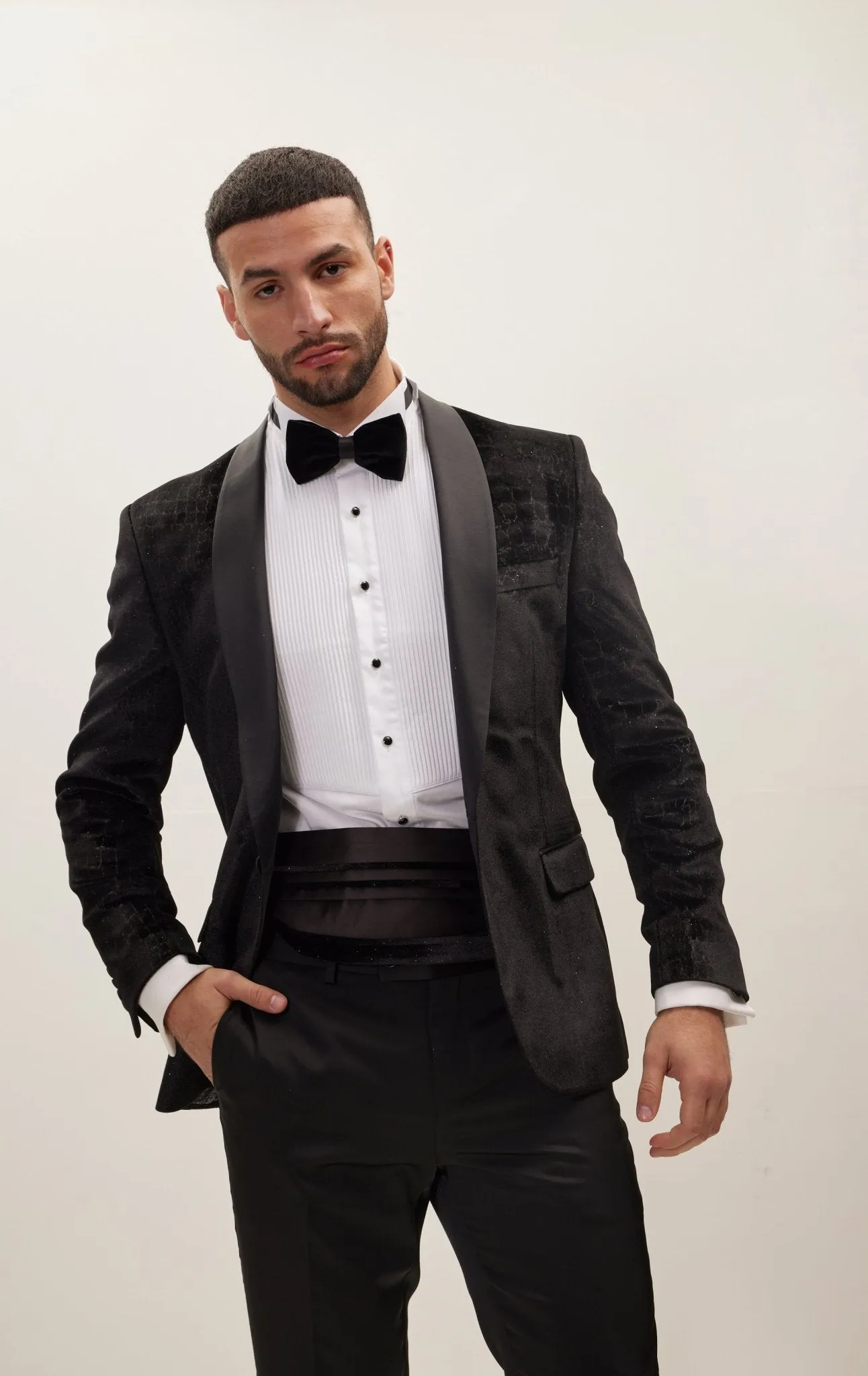 Croc Embossed Shawl Collar Tuxedo Jacket - Black