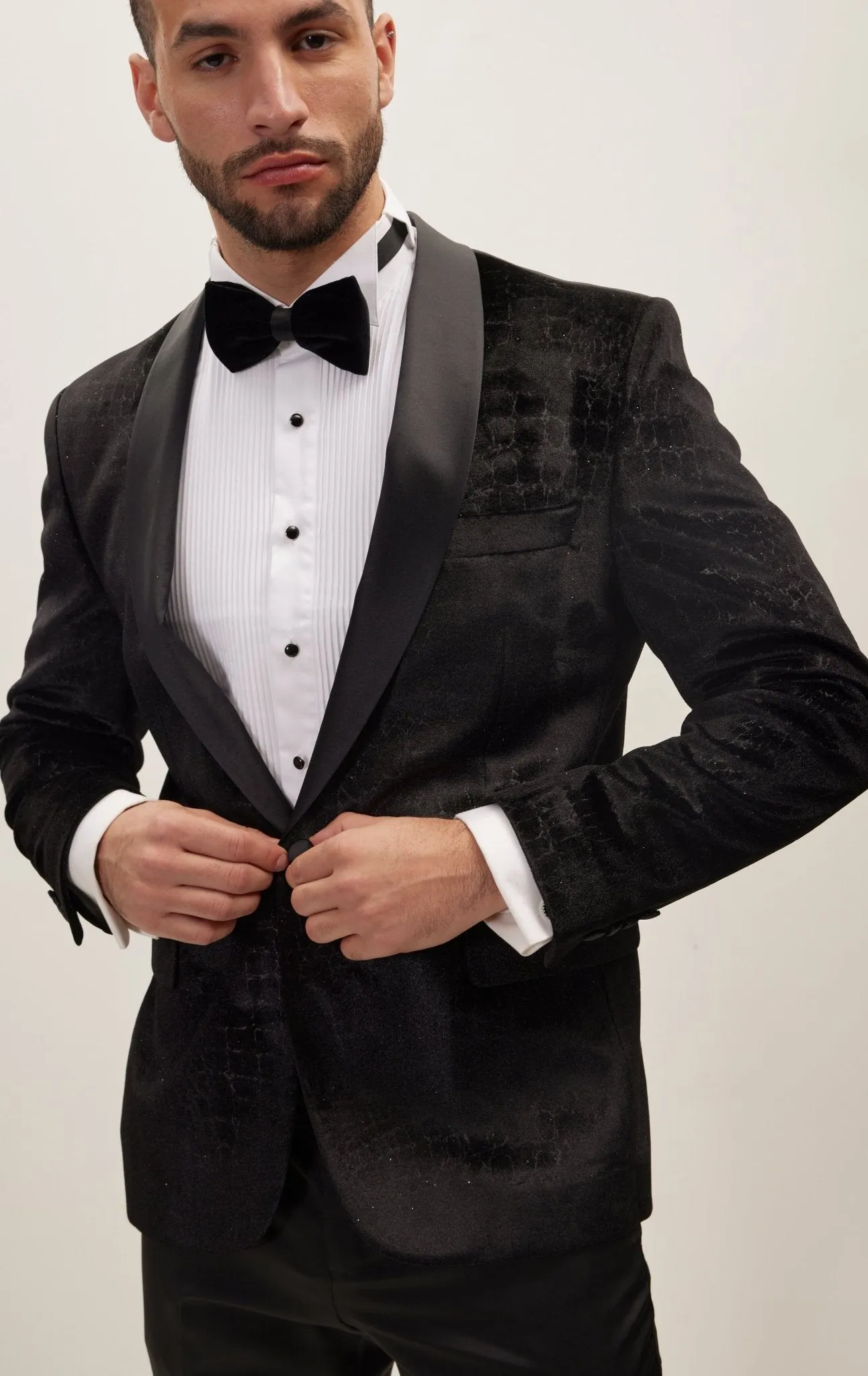 Croc Embossed Shawl Collar Tuxedo Jacket - Black