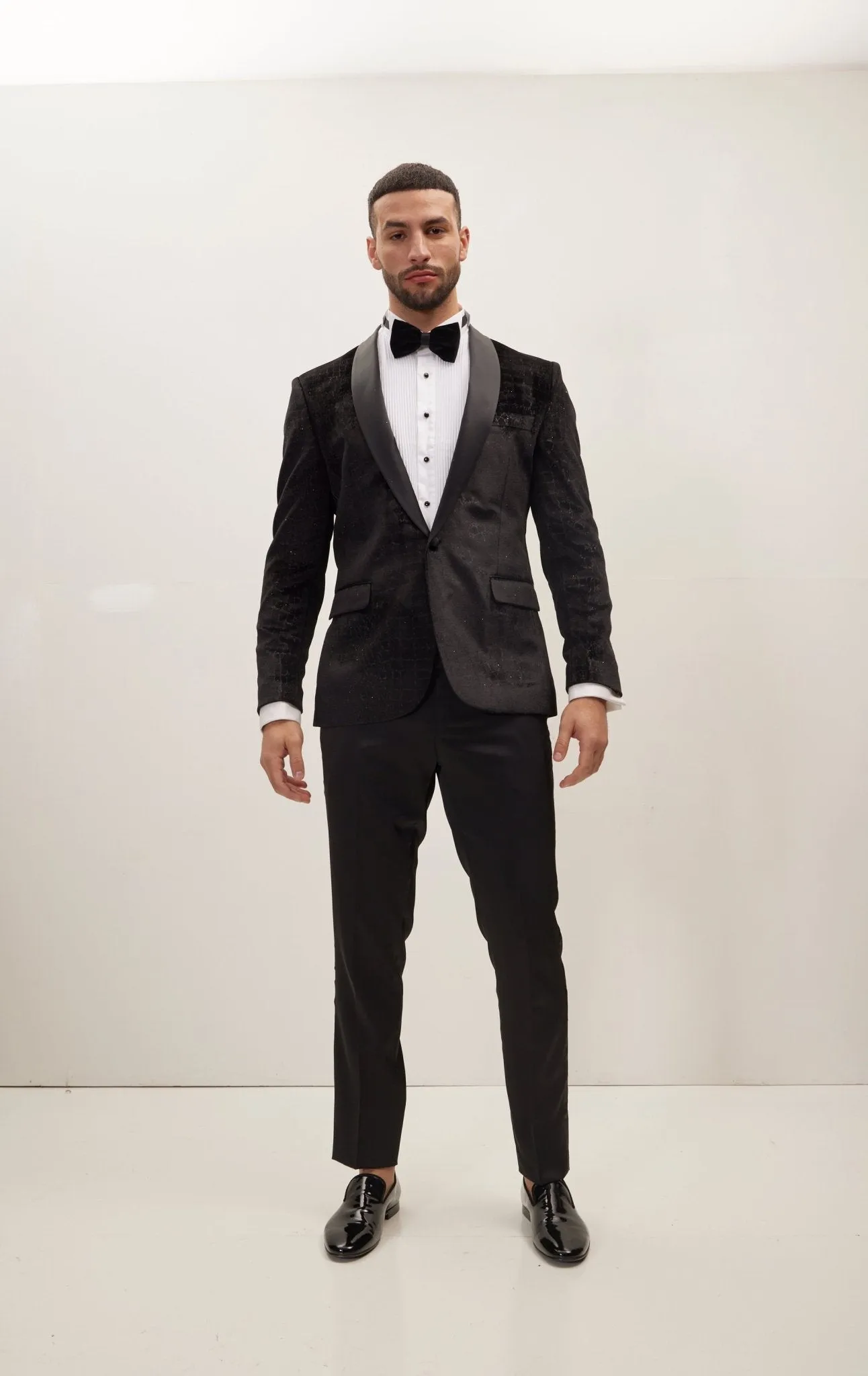 Croc Embossed Shawl Collar Tuxedo Jacket - Black