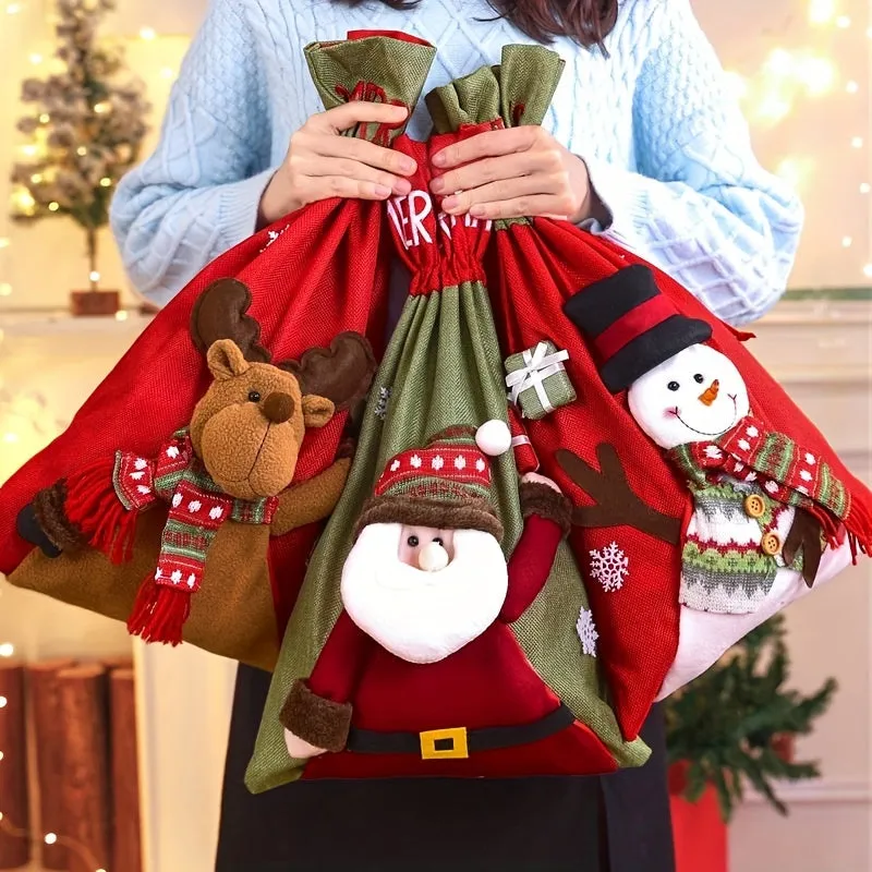 [Customer Favorite] Christmas Gift Bag in Bulk, with Drawstring, Christmas Party Gift Bag with Santa Claus Plaid Christmas Pattern on the Bag, Suitable for Packaging Christmas Gifts