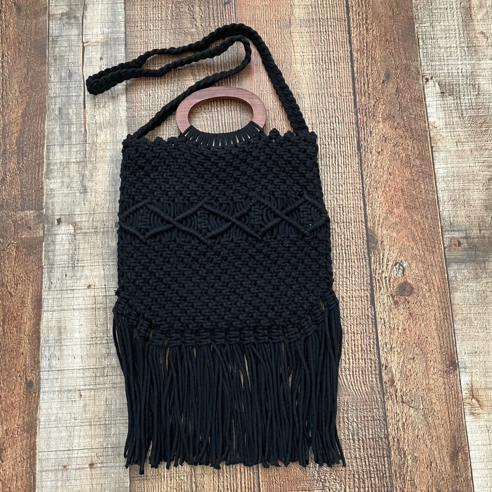 Danielle Nicole Black Rattan Fringe Bottom Handbag