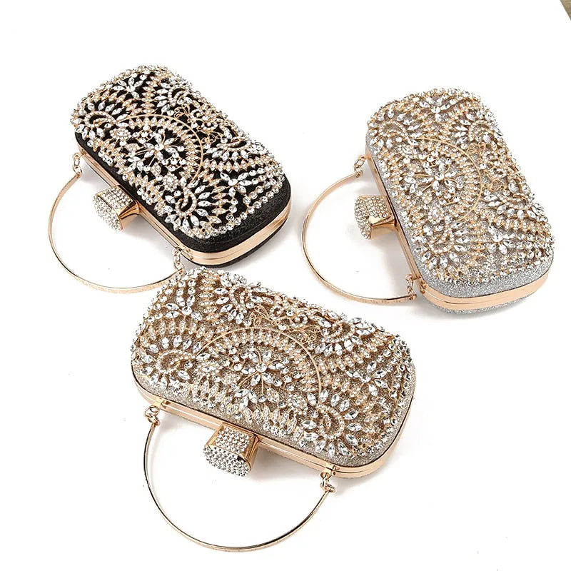 Diamond Evening Clutch Bag For Women Wedding Golden Clutch Purse Chain Shoulder Bag Small Party Handbag With Metal Handle