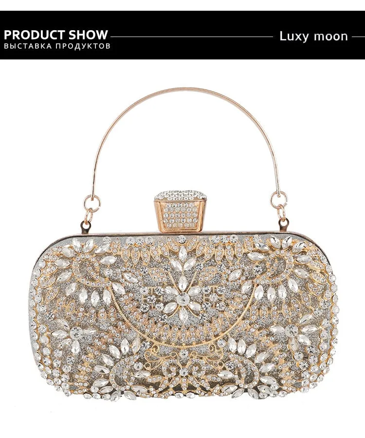 Diamond Evening Clutch Bag For Women Wedding Golden Clutch Purse Chain Shoulder Bag Small Party Handbag With Metal Handle
