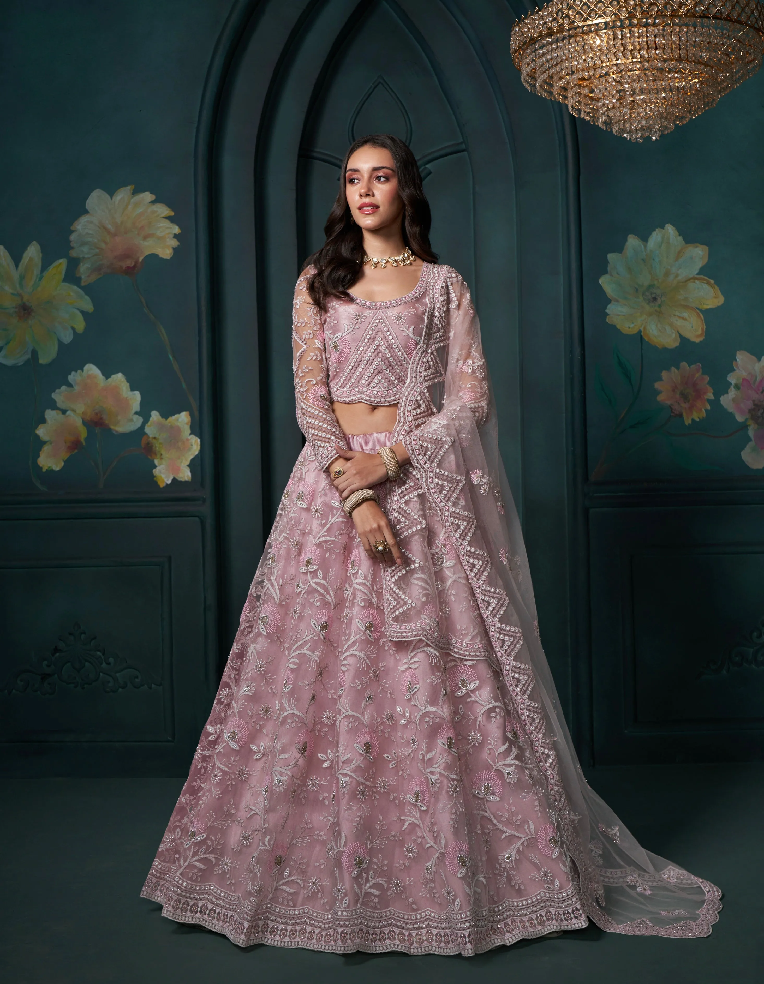 Dusty Pink Net Lehenga with Embroidery, Sequins & Cording Work