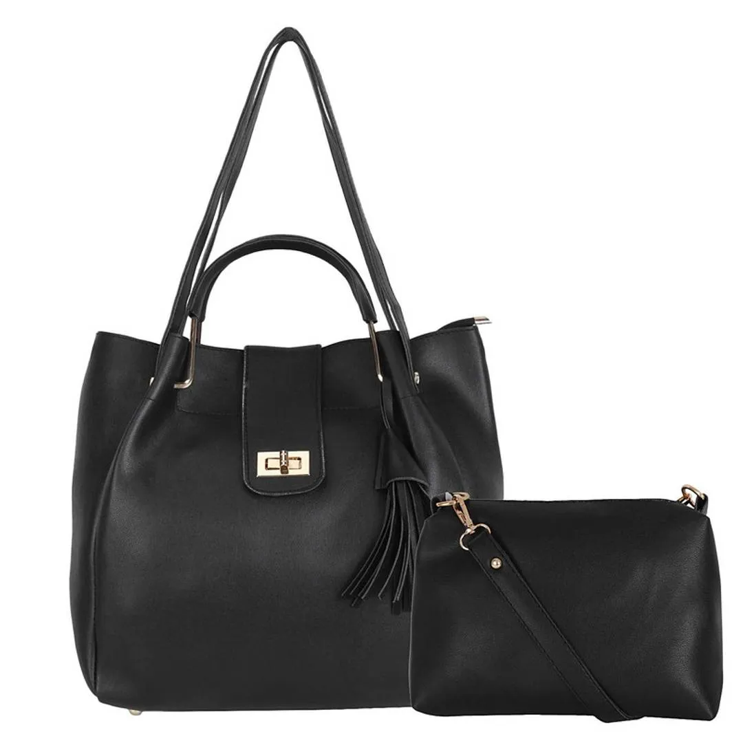 Elegant Black PU Solid Handbags For Women And Girls