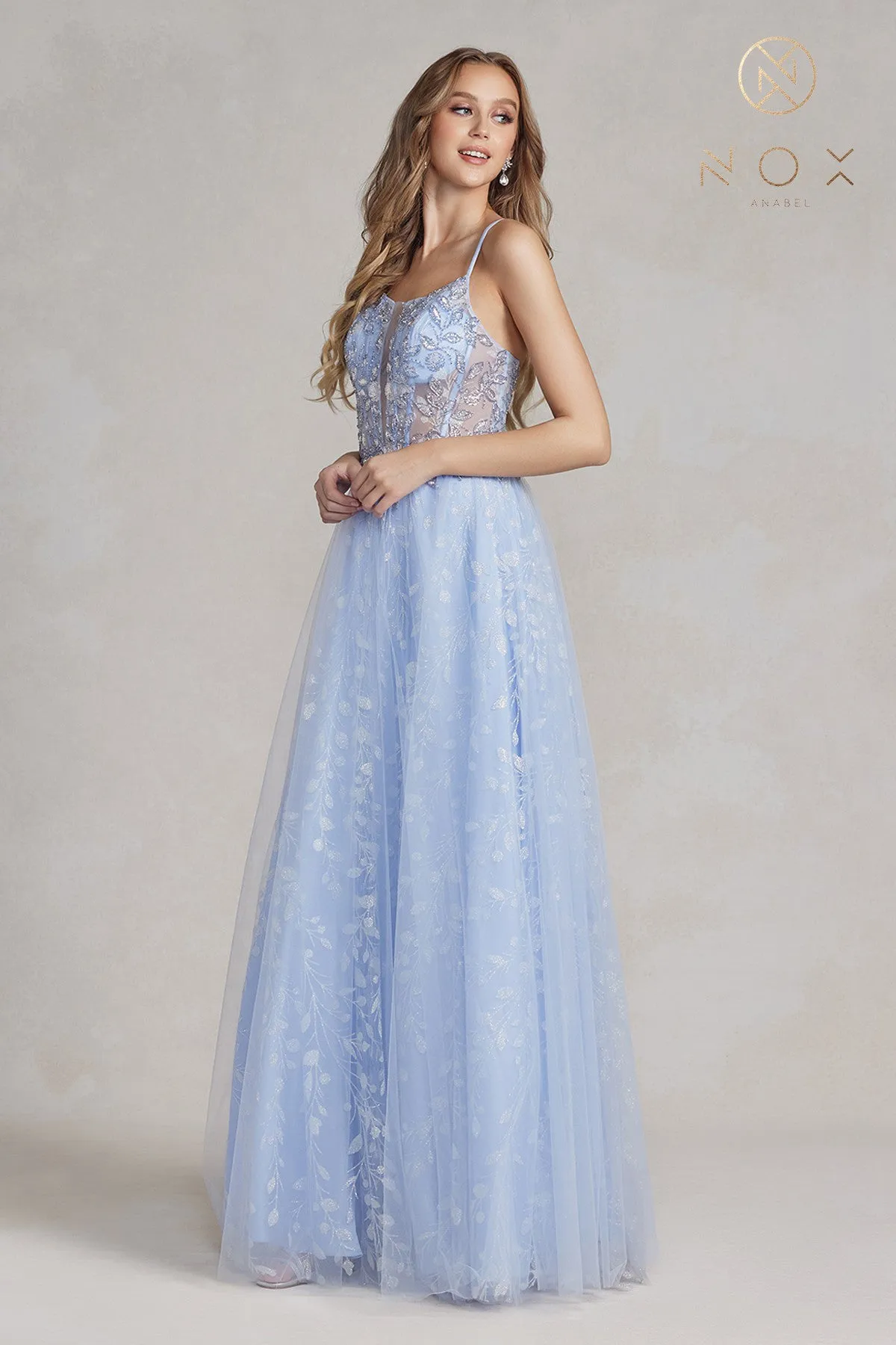 Embroidered Applique Open Corset Back Spaghetti Straps Long Prom Dress NXT1084