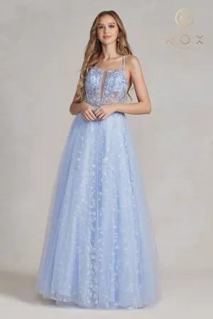 Embroidered Applique Open Corset Back Spaghetti Straps Long Prom Dress NXT1084