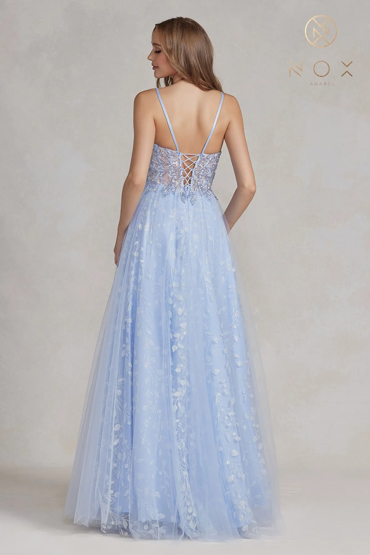 Embroidered Applique Open Corset Back Spaghetti Straps Long Prom Dress NXT1084