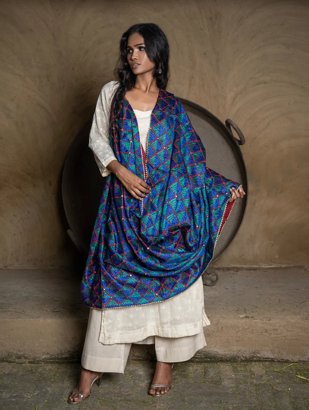 Exquisite & Intricate Hand Embroidered Phulkari Dupatta - Ocean Vibe