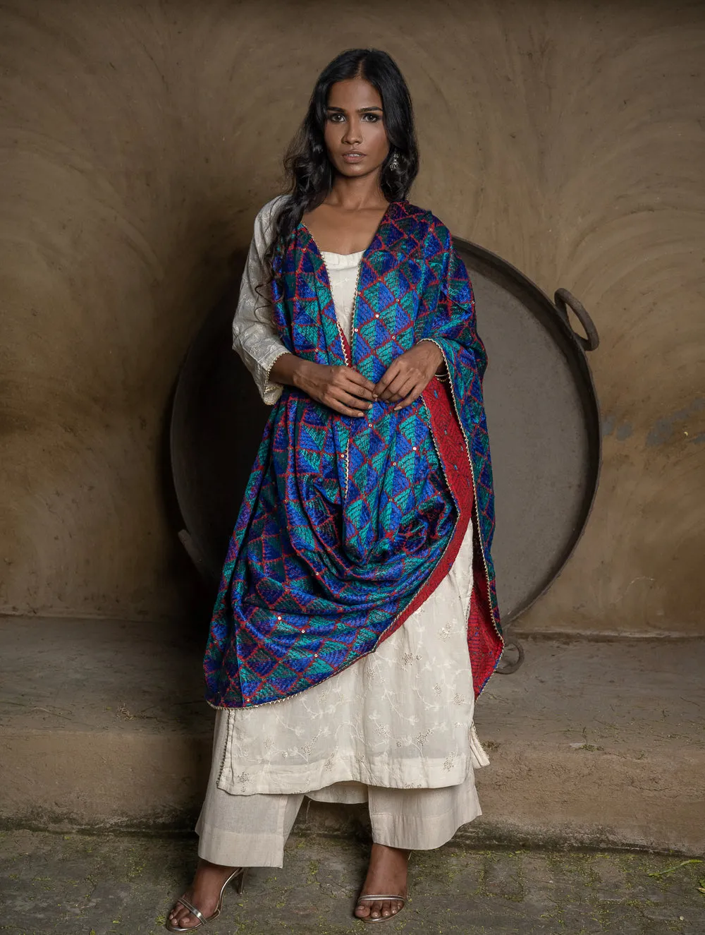 Exquisite & Intricate Hand Embroidered Phulkari Dupatta - Ocean Vibe