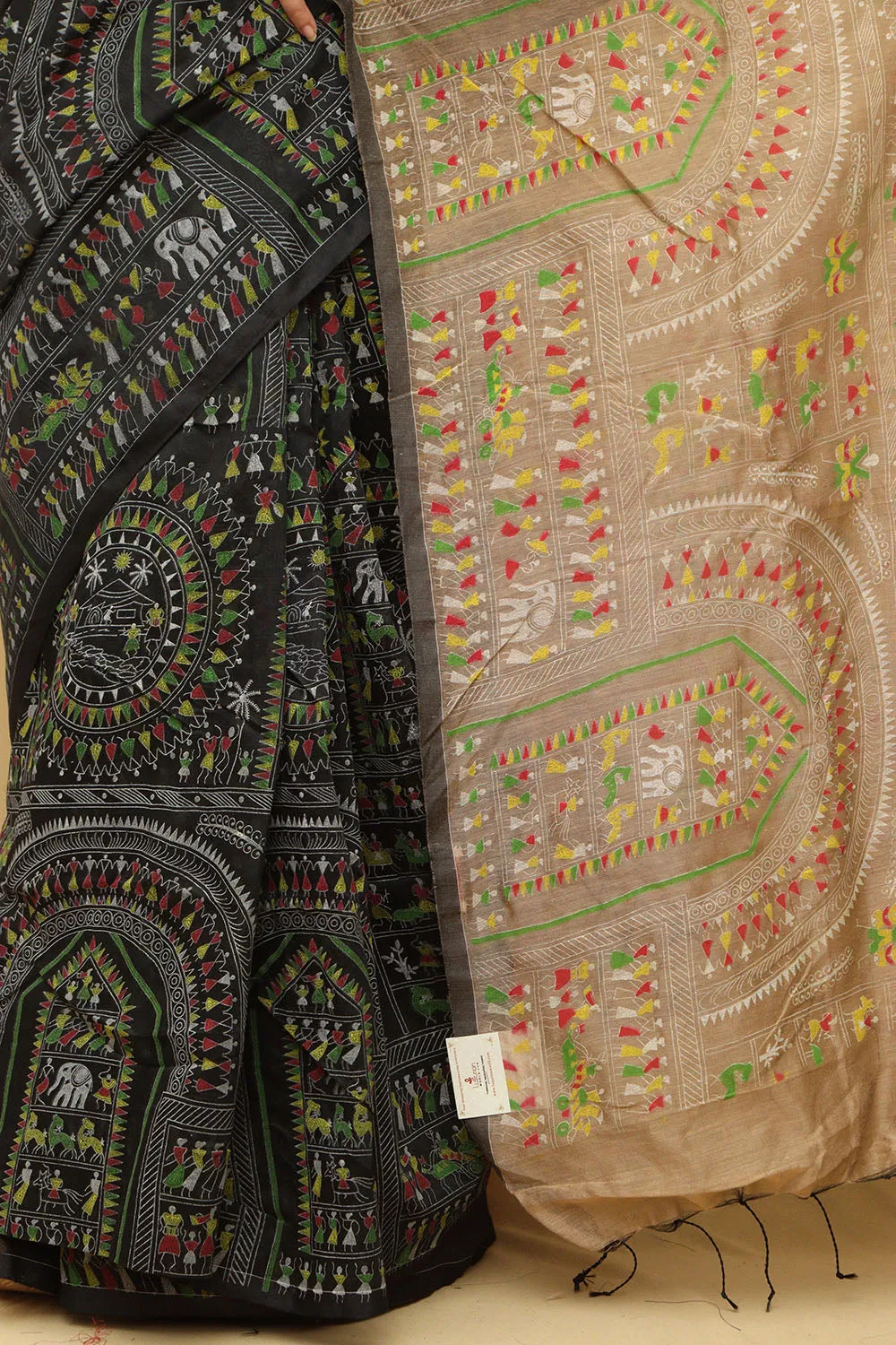 Exquisite Black Madhubani Cotton Silk Saree