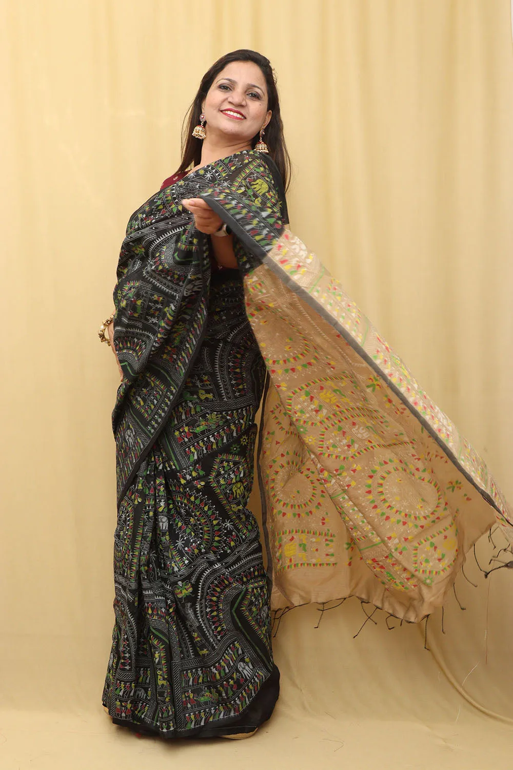 Exquisite Black Madhubani Cotton Silk Saree