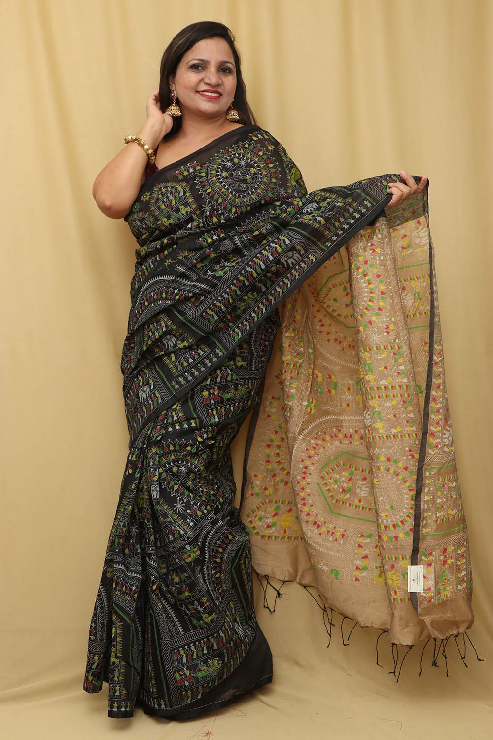 Exquisite Black Madhubani Cotton Silk Saree