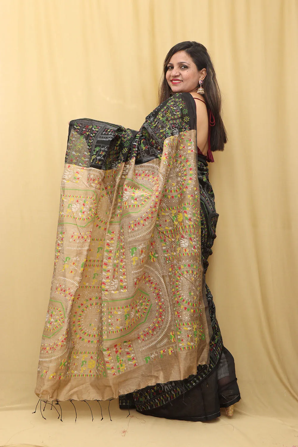Exquisite Black Madhubani Cotton Silk Saree