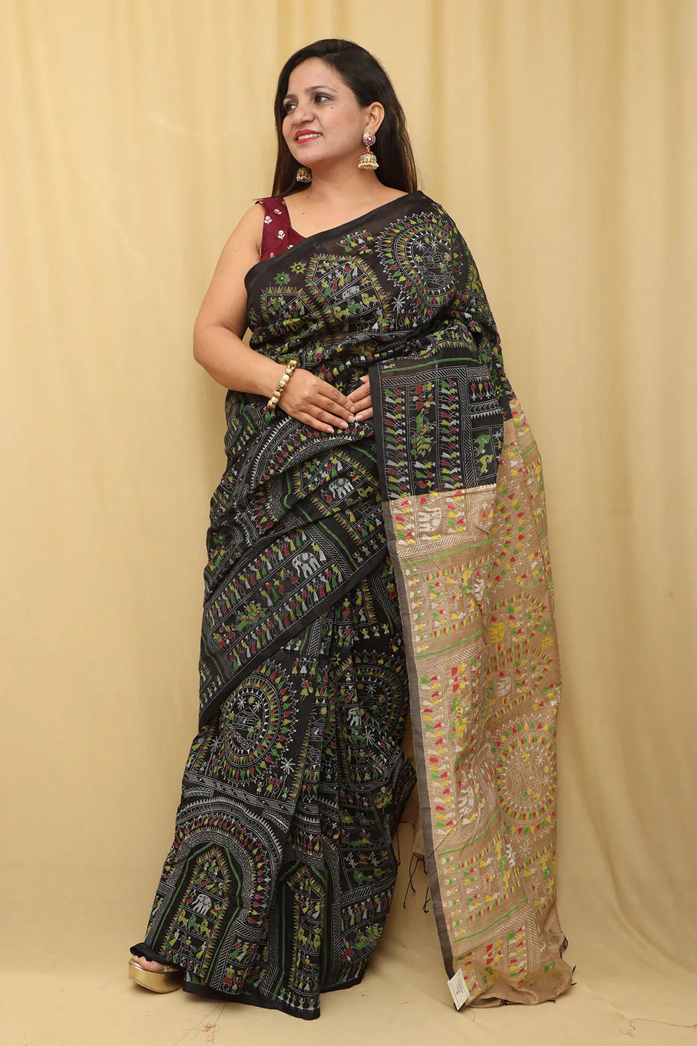 Exquisite Black Madhubani Cotton Silk Saree