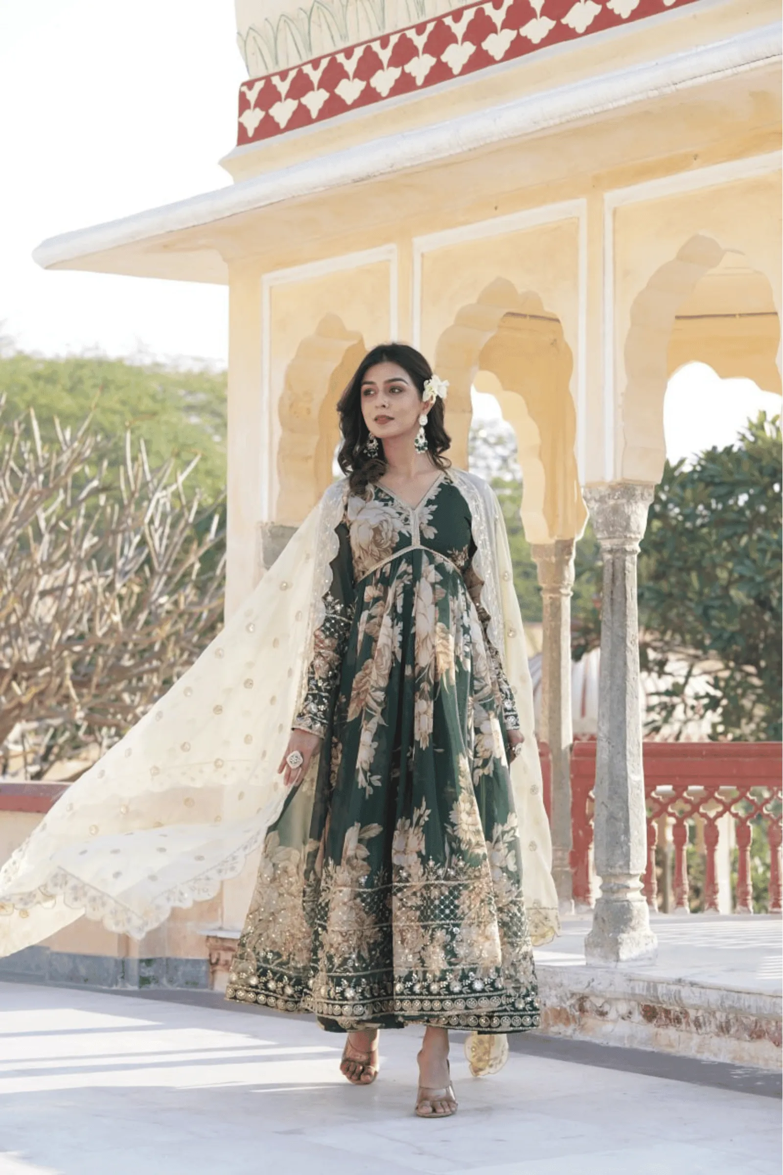 Exquisite Floral Printed Green Anarkali Suit