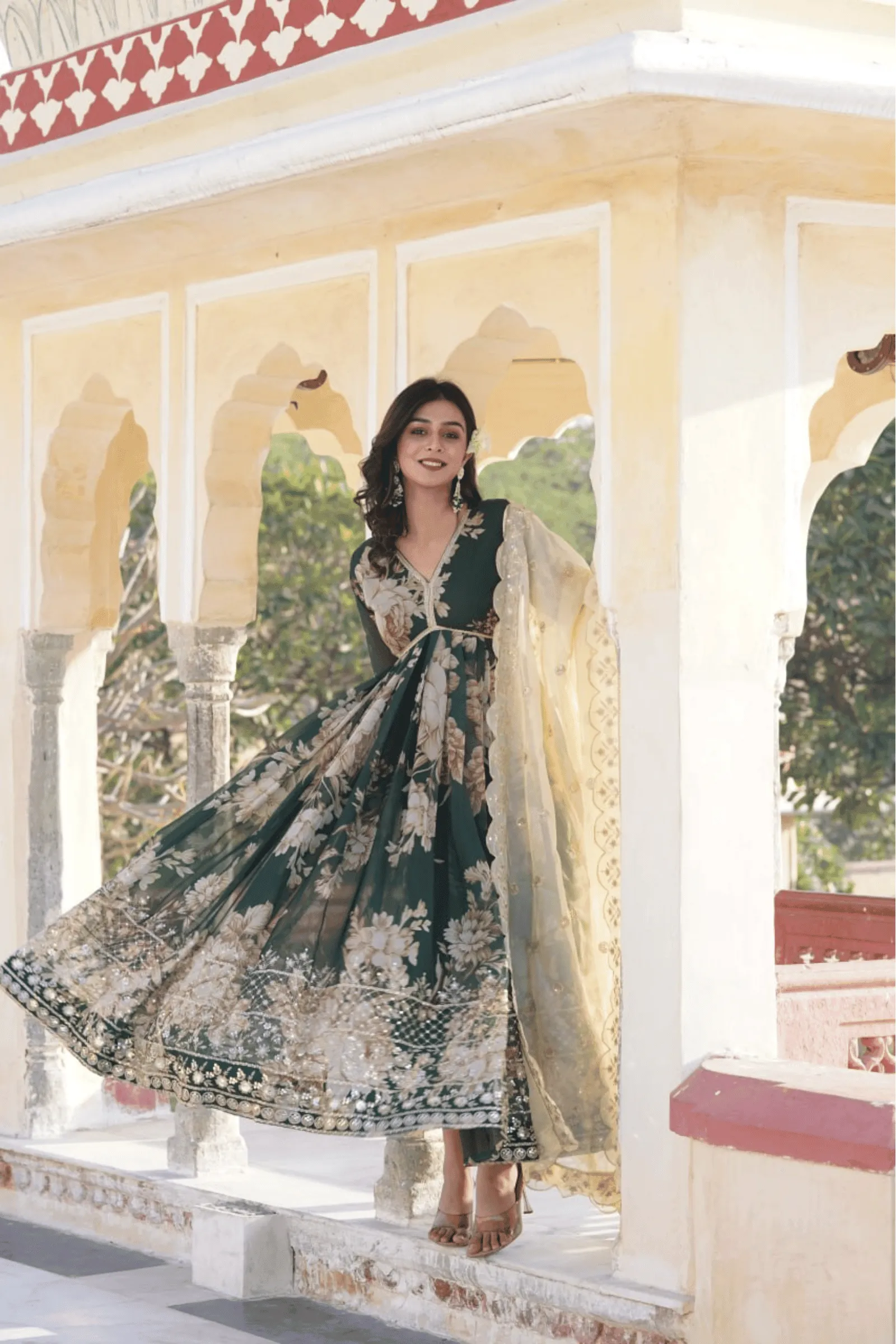 Exquisite Floral Printed Green Anarkali Suit