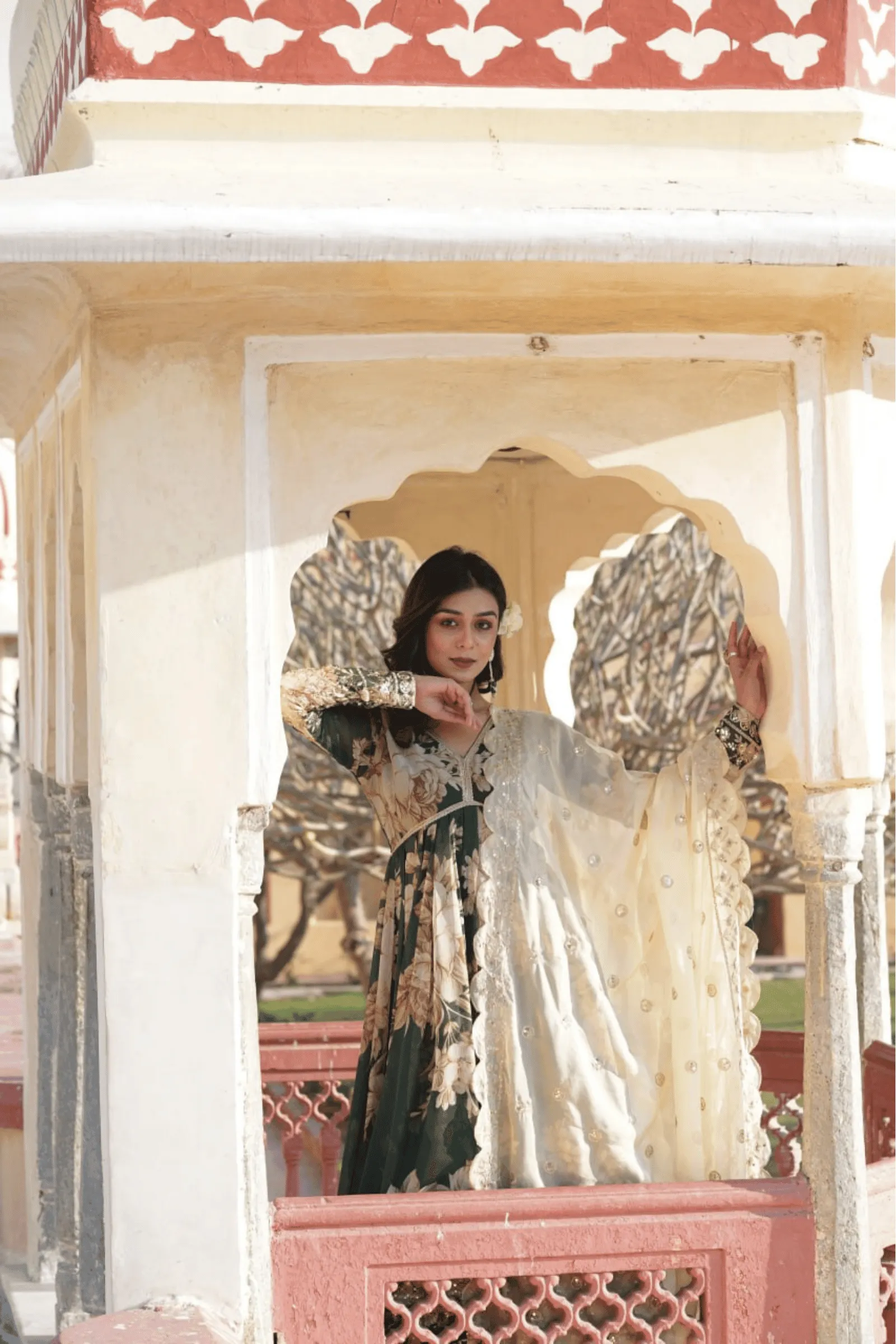 Exquisite Floral Printed Green Anarkali Suit