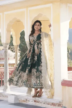 Exquisite Floral Printed Green Anarkali Suit