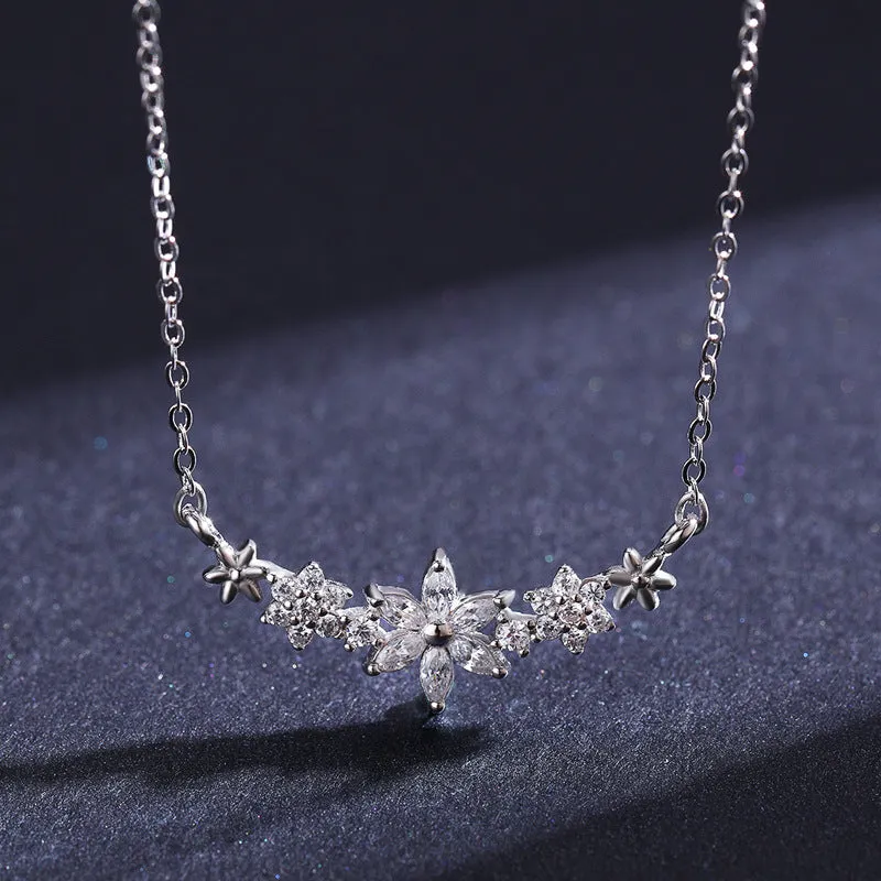 Exquisite Flower Sterling Silver Necklace with Zircon Detail