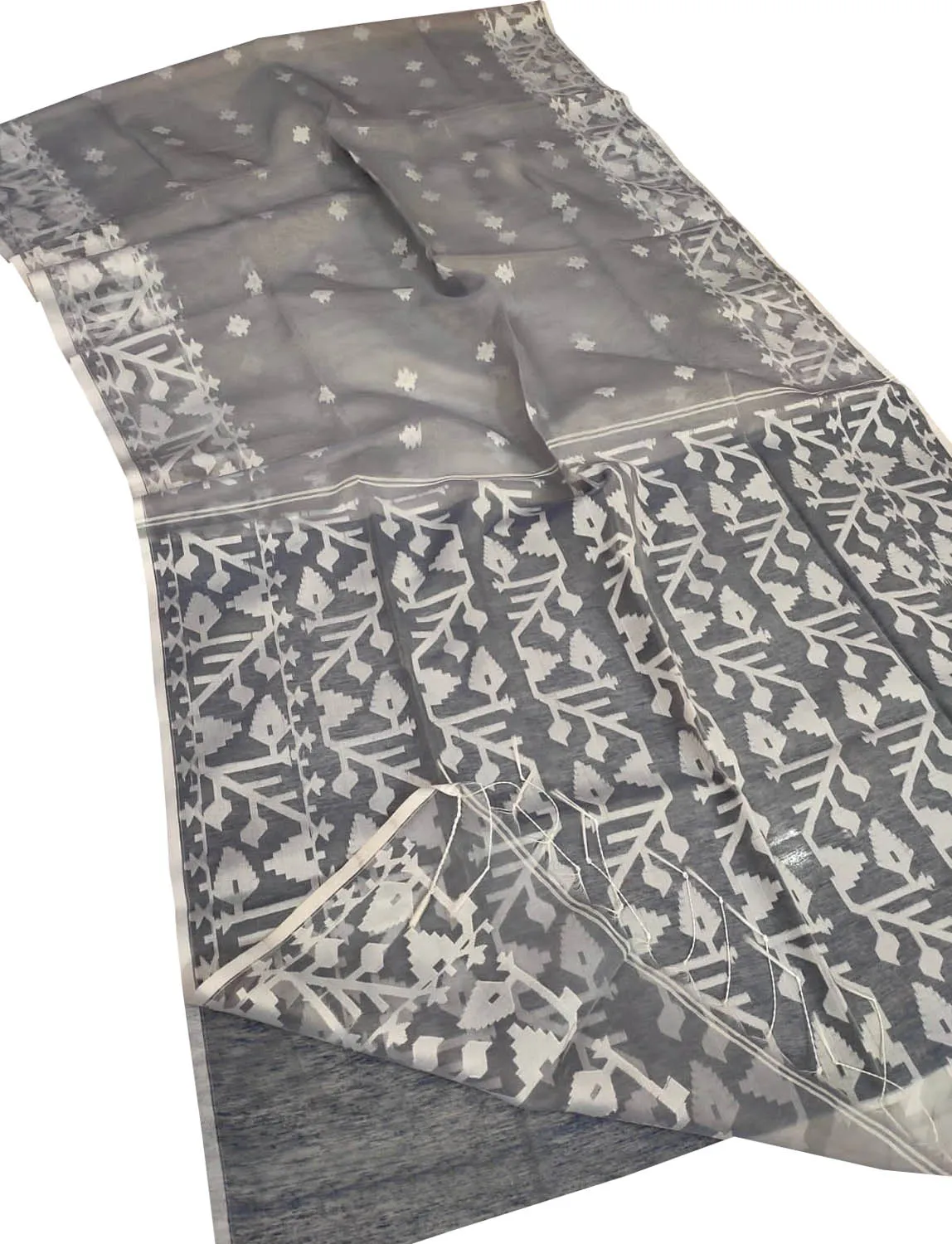 Exquisite Grey Handloom Jamdani Muslin Saree: Timeless Elegance