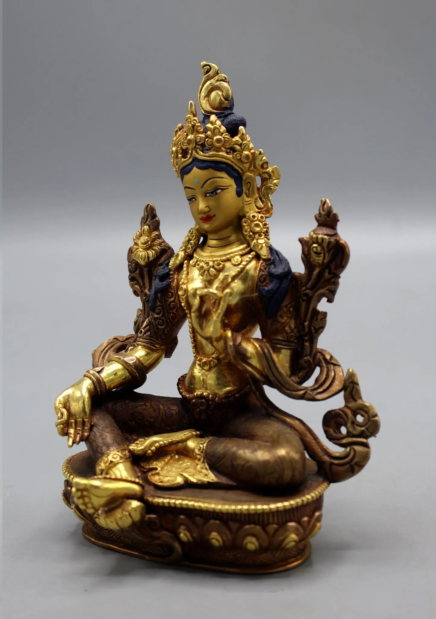 Exquisite Partly Gold Plated Copper Green Tara Statue 6"