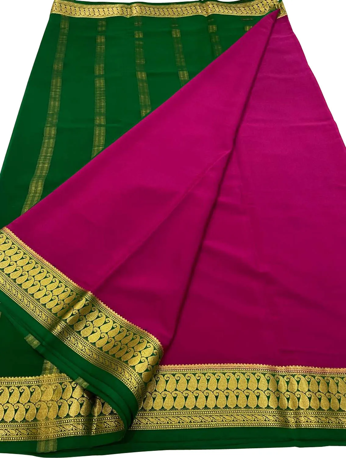 Exquisite Pink & Green Mysore Handloom Silk Saree