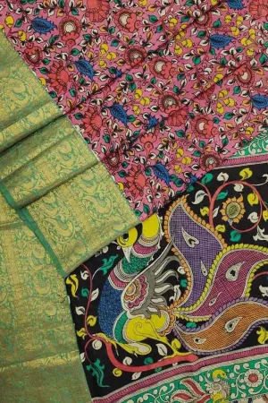 Exquisite Pink Kalamkari Hand Painted Silk Saree