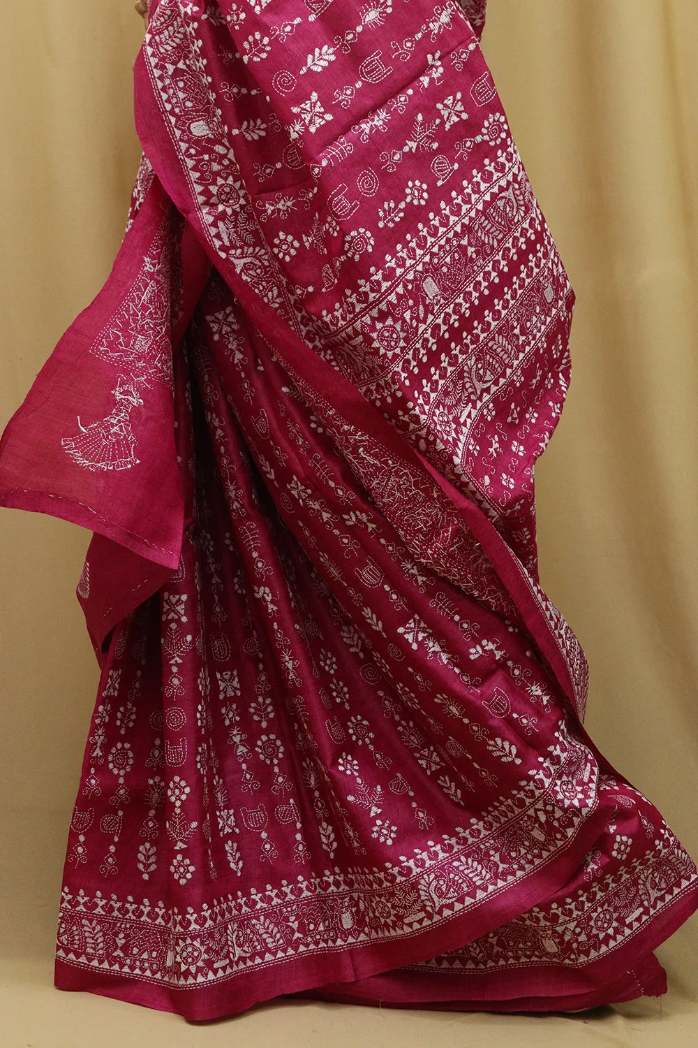 Exquisite Pink Kantha Work Tussar Silk Saree