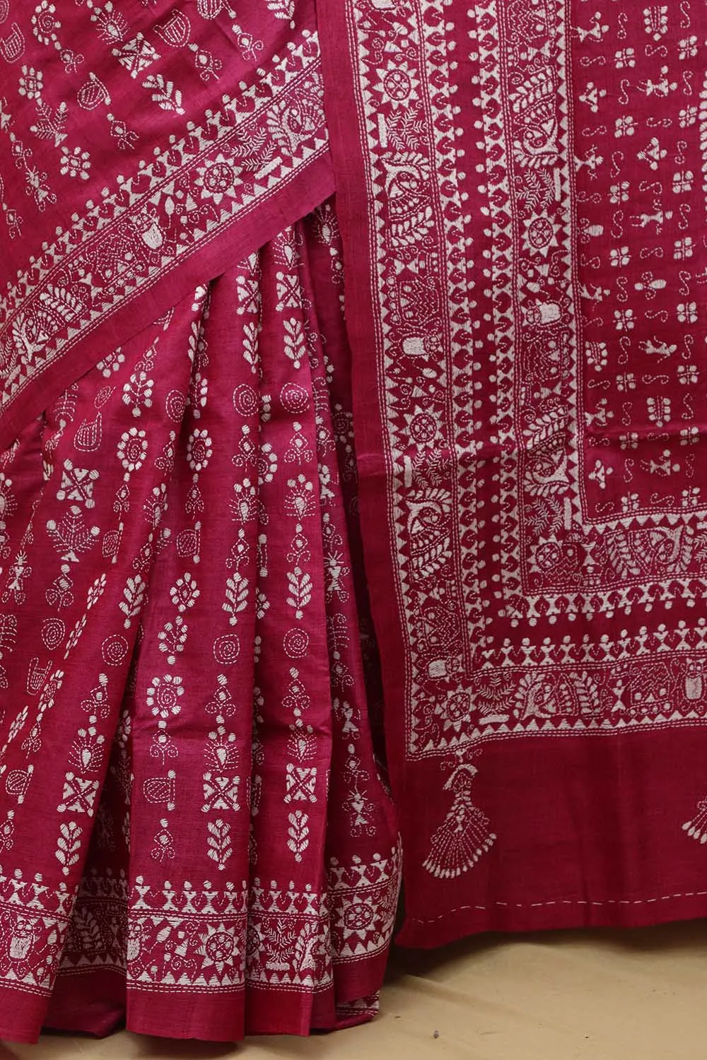 Exquisite Pink Kantha Work Tussar Silk Saree