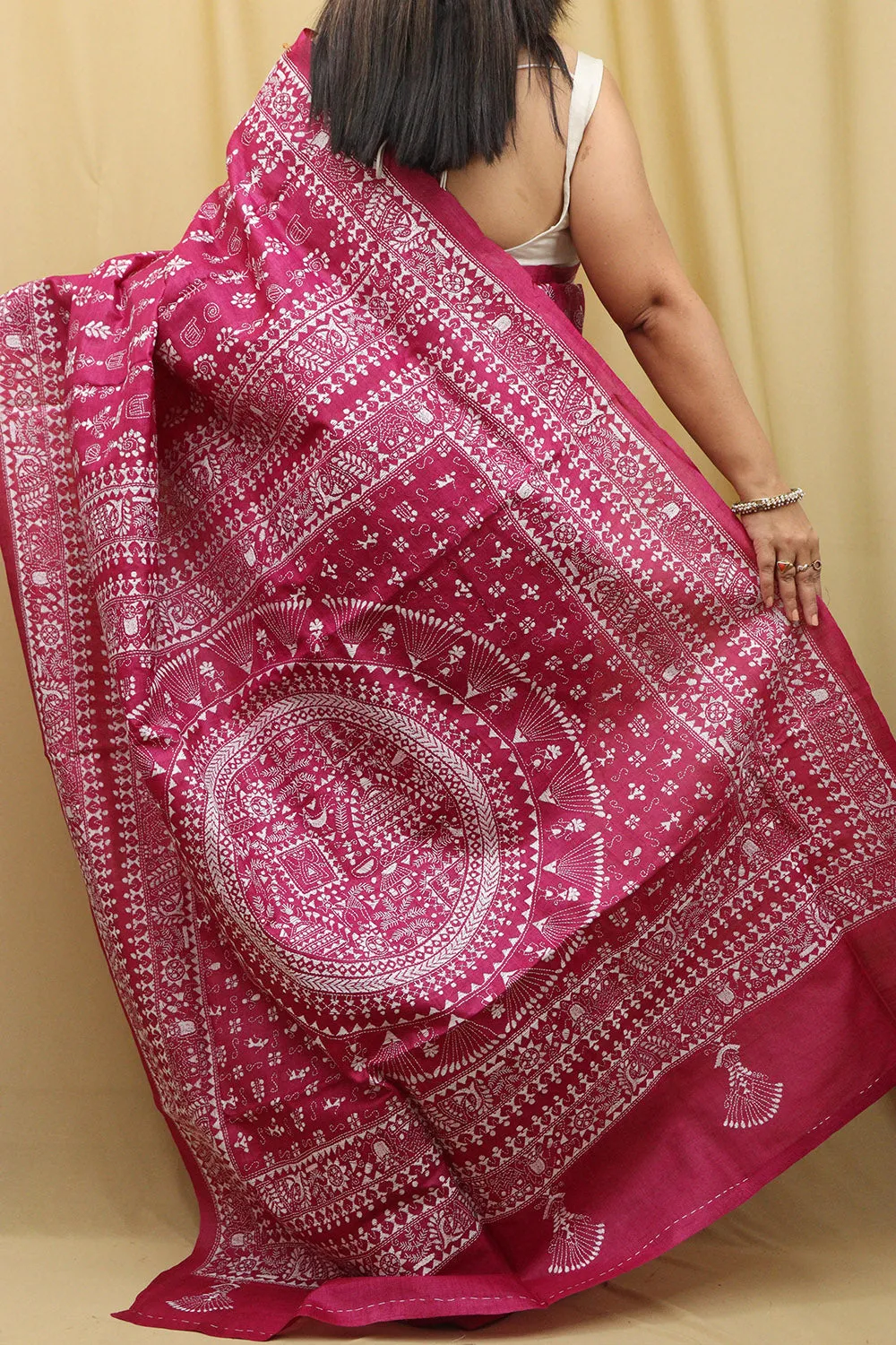 Exquisite Pink Kantha Work Tussar Silk Saree