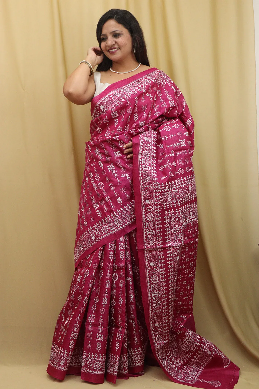 Exquisite Pink Kantha Work Tussar Silk Saree