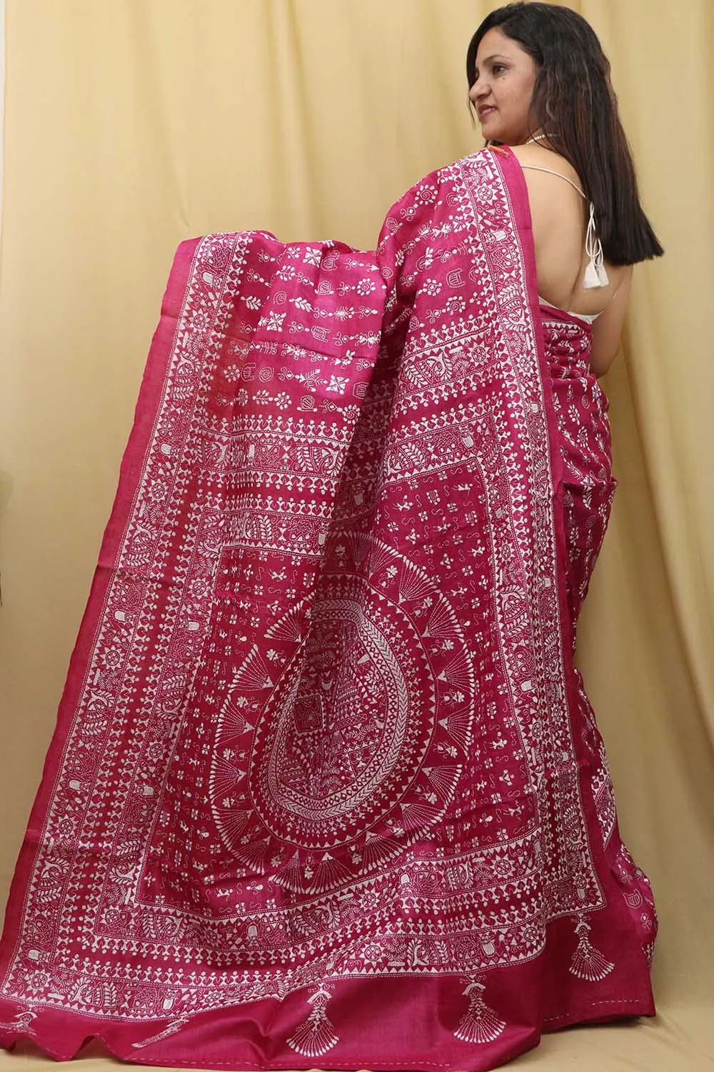 Exquisite Pink Kantha Work Tussar Silk Saree