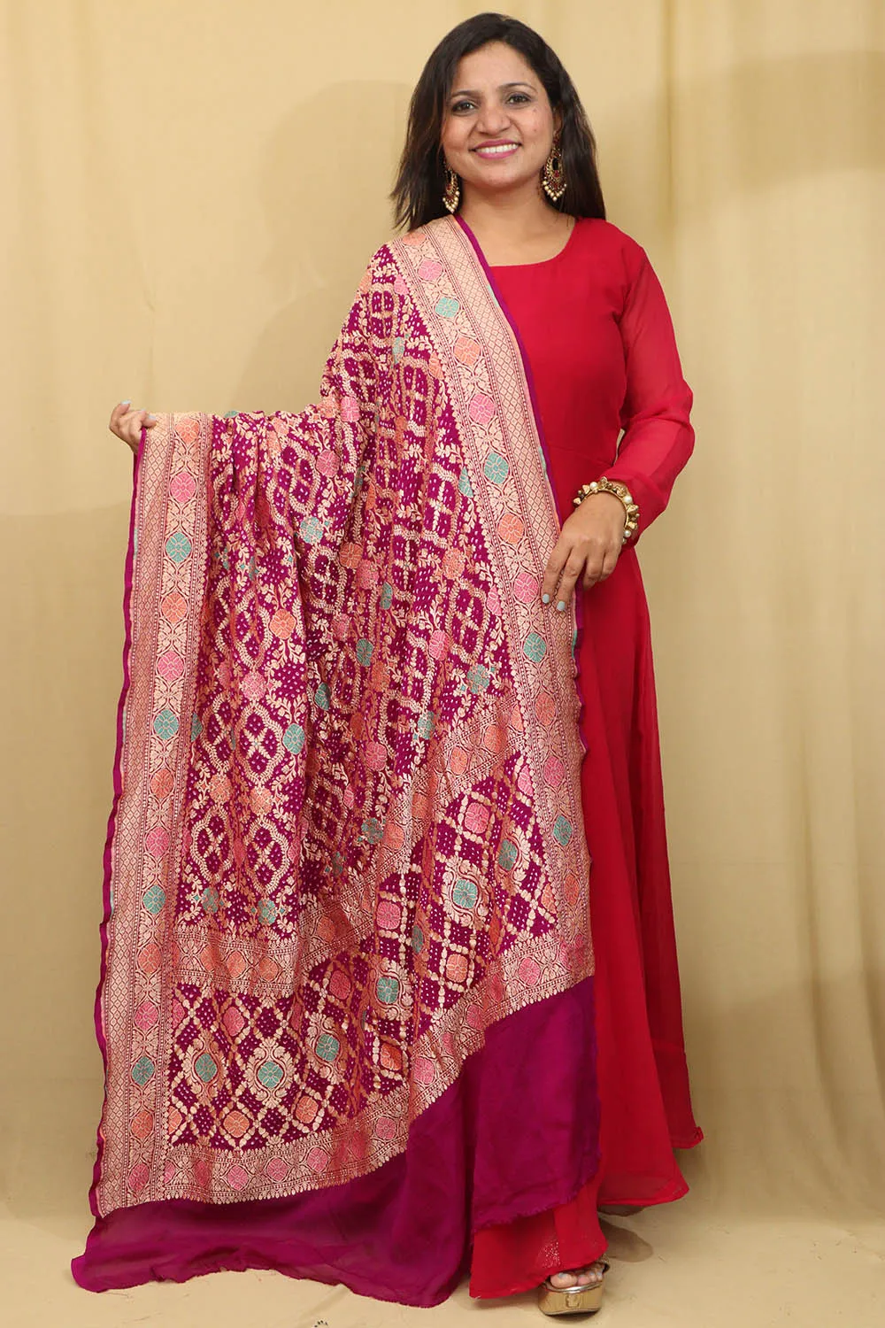 Exquisite Purple Banarasi Bandhani Pure Georgette Meenakari Dupatta