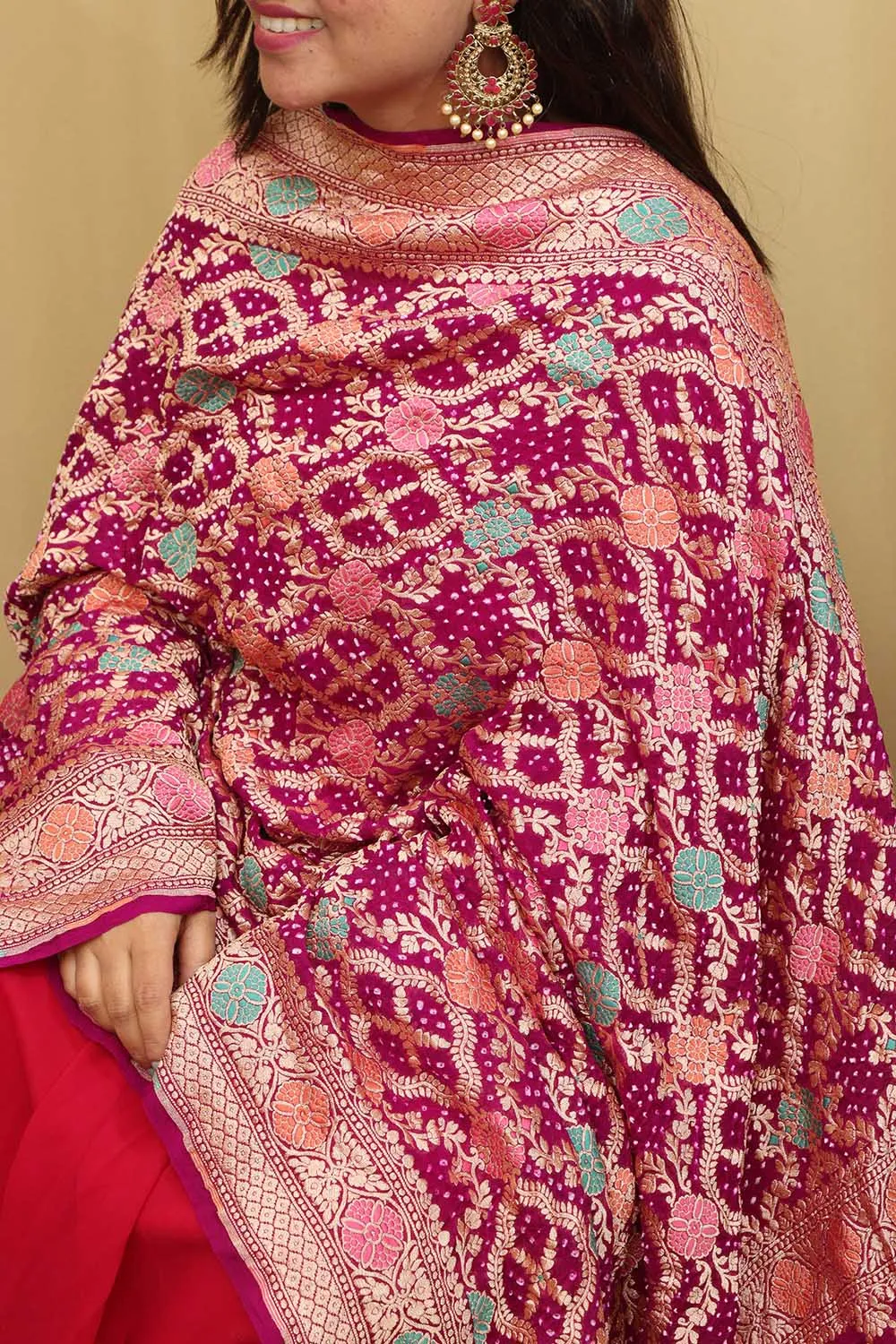 Exquisite Purple Banarasi Bandhani Pure Georgette Meenakari Dupatta
