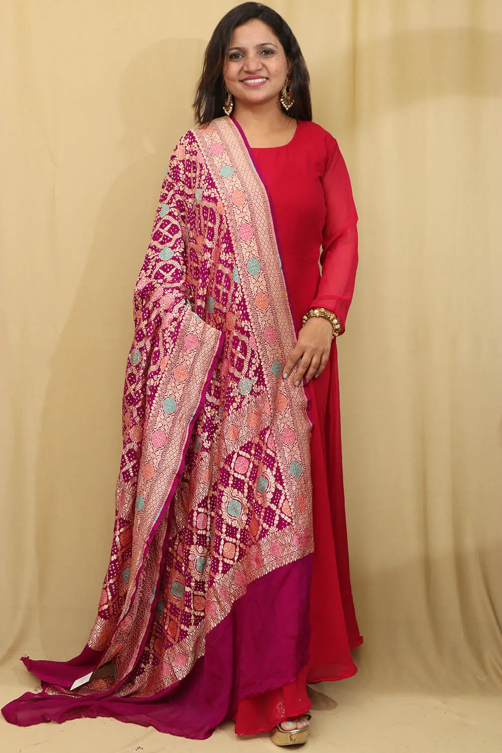 Exquisite Purple Banarasi Bandhani Pure Georgette Meenakari Dupatta