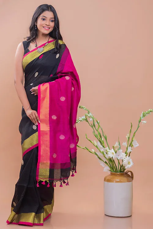 Flowing & Graceful. Soft Handwoven Bengal Linen Saree - Magenta Buti