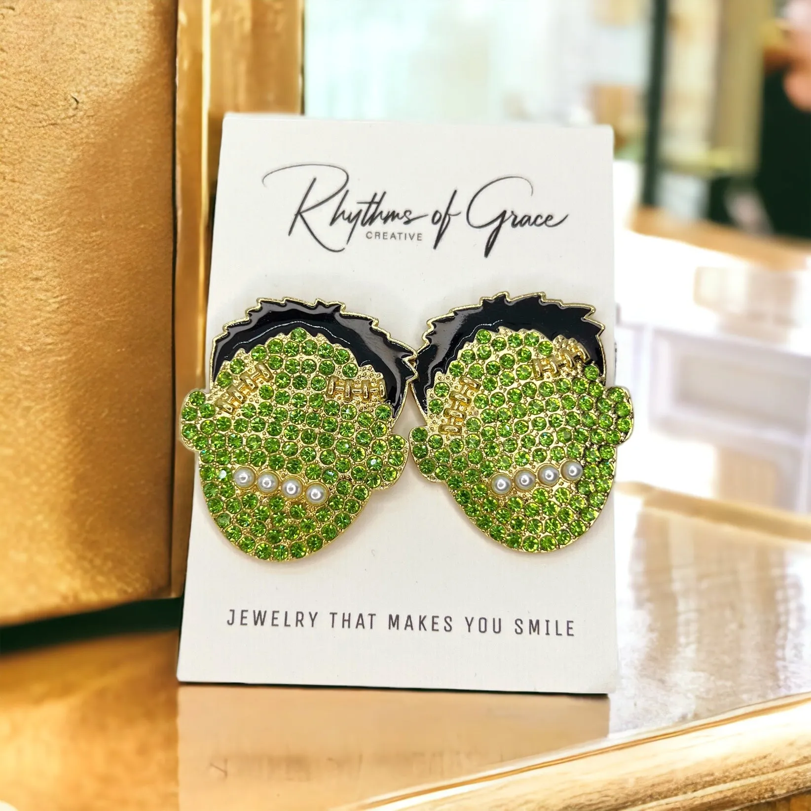 Frankenstein Earrings - Halloween Earrings, Monster Earrinhs, Rhinestone Halloween, Halloween Earrings, Halloween Costume, Halloween Queen