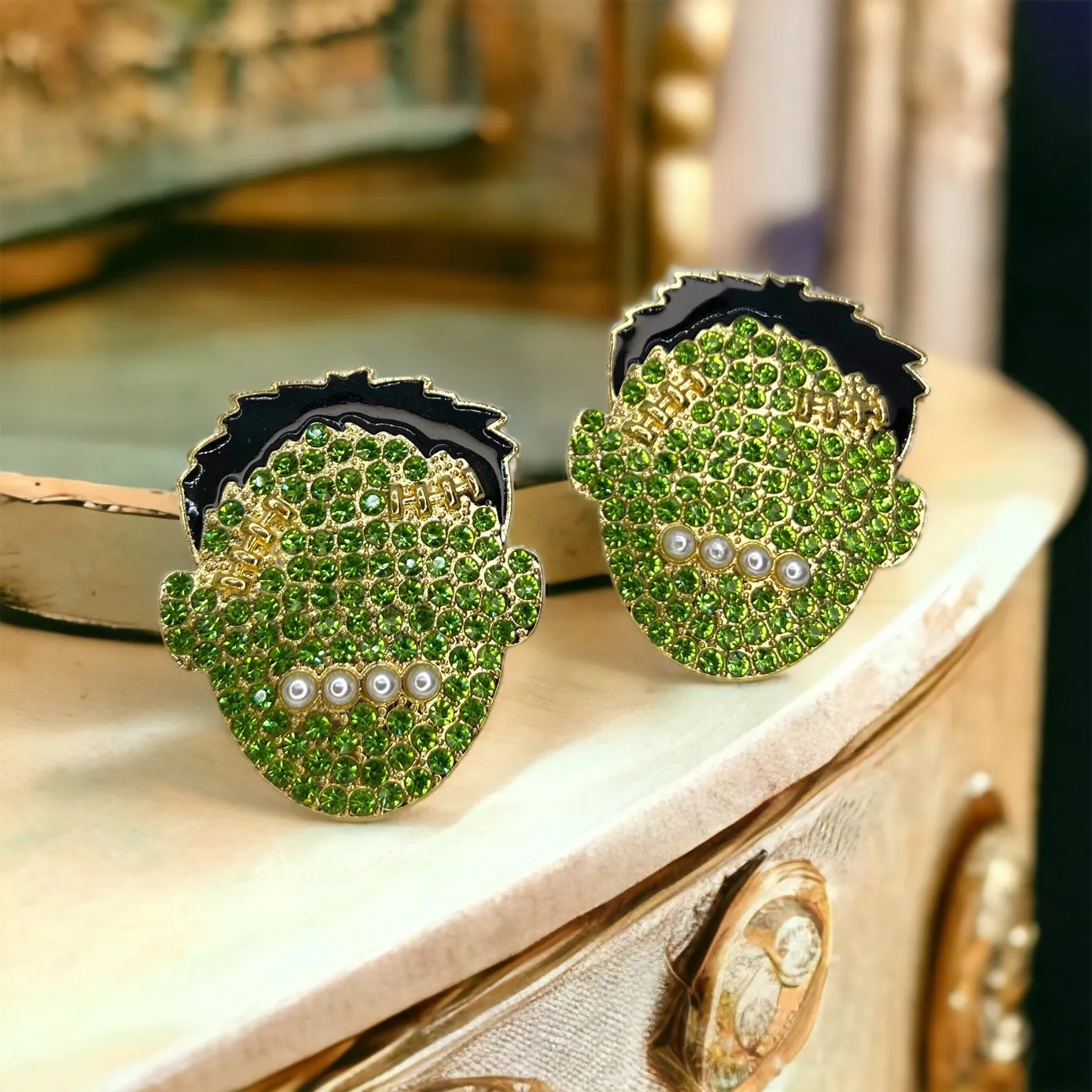 Frankenstein Earrings - Halloween Earrings, Monster Earrinhs, Rhinestone Halloween, Halloween Earrings, Halloween Costume, Halloween Queen