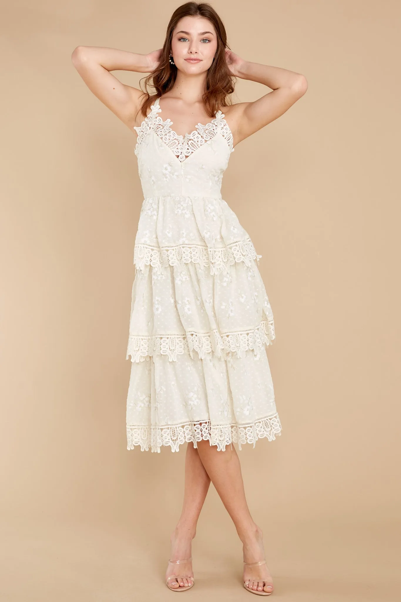 Graceful Goddess Ivory Lace Midi Dress