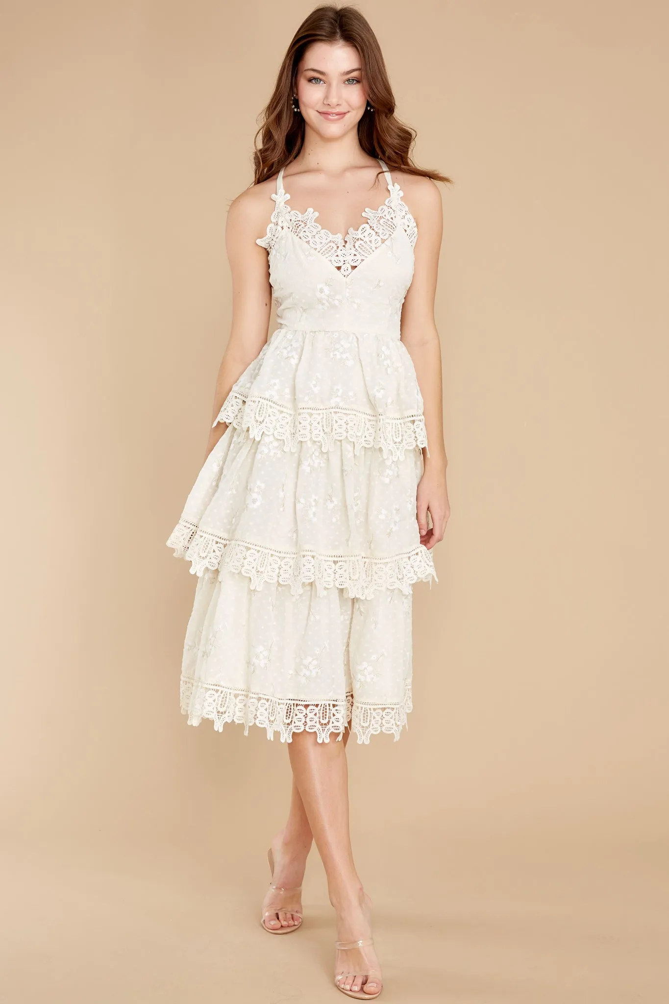 Graceful Goddess Ivory Lace Midi Dress