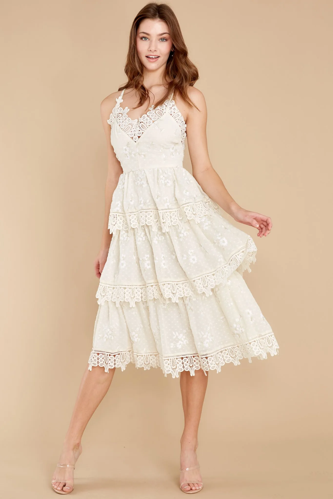 Graceful Goddess Ivory Lace Midi Dress