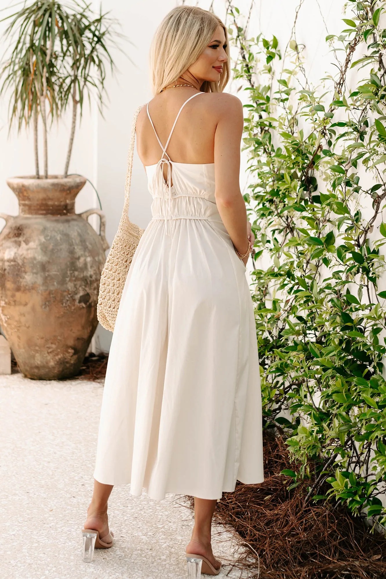 Graceful Movements Shirred Midi Dress (Bone)