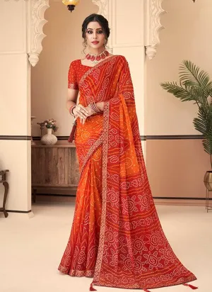 Graceful Orange & Red Bandhani Chiffon Saree