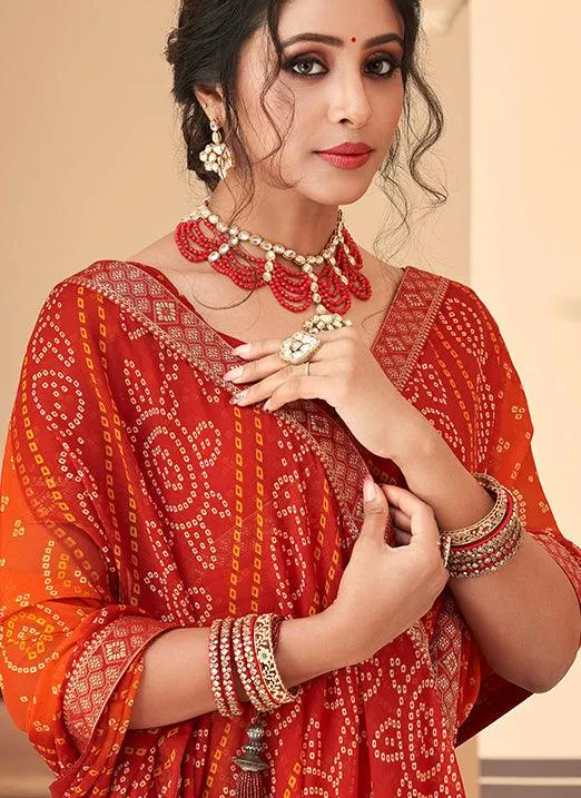 Graceful Orange & Red Bandhani Chiffon Saree