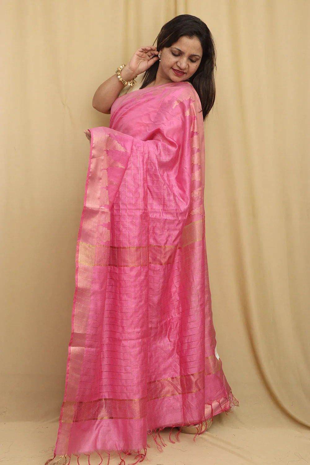 Graceful Pink Bhagalpur Handloom Saree with Silk