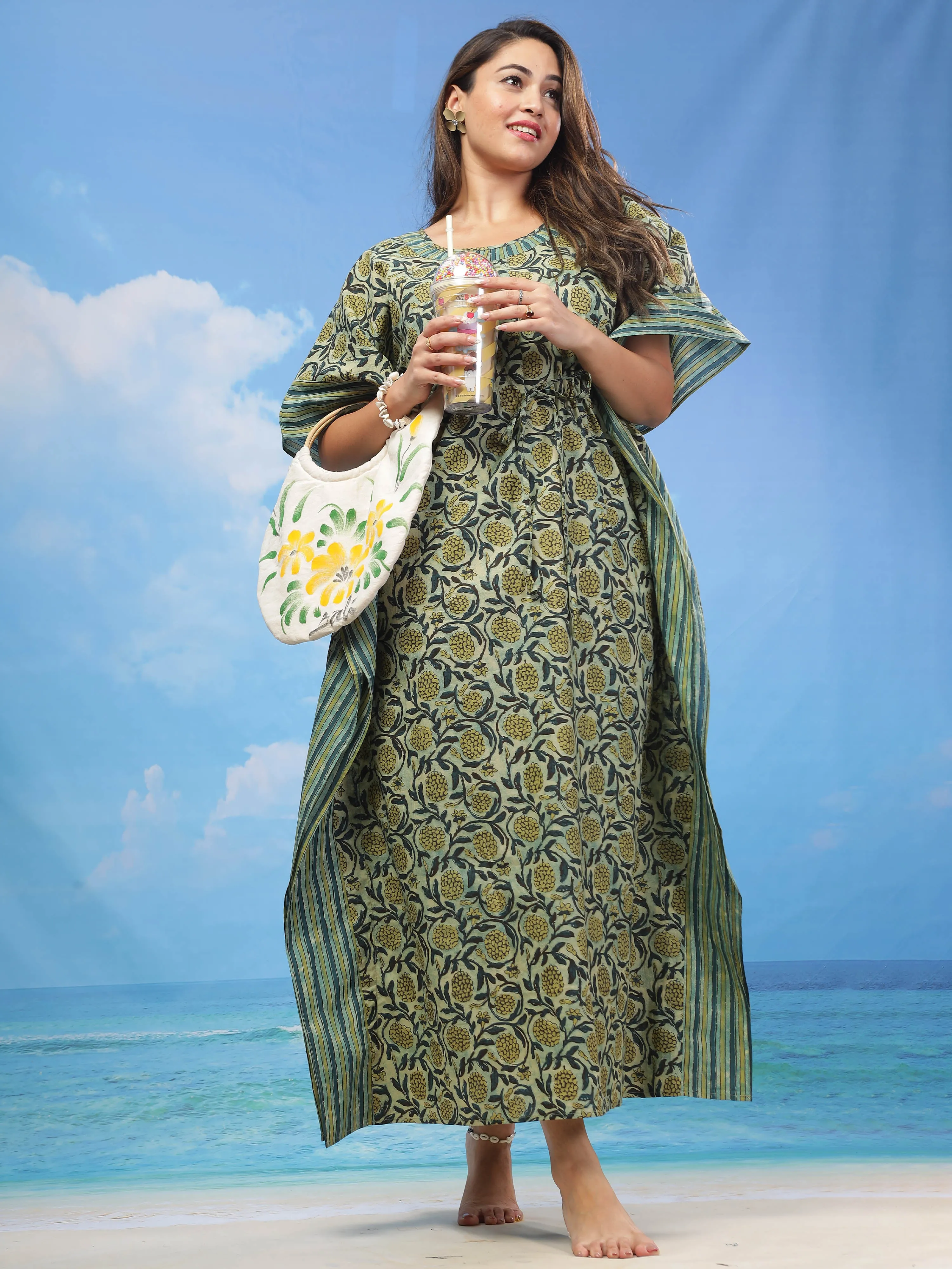 Green Kaftan Gown in Exquisite Cotton Fabric