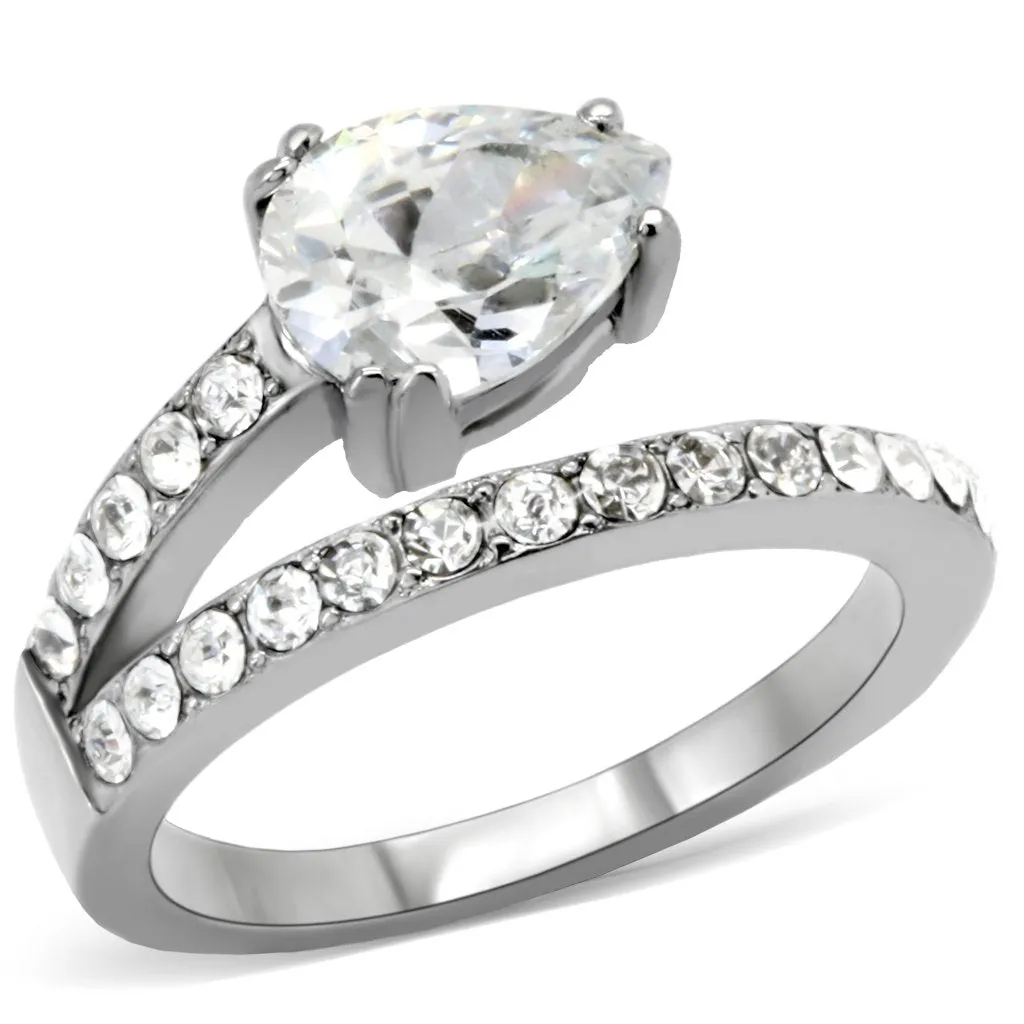 High polished (no plating) Stainless Steel Ring with AAA Grade CZ in Clear for Women Style TK166