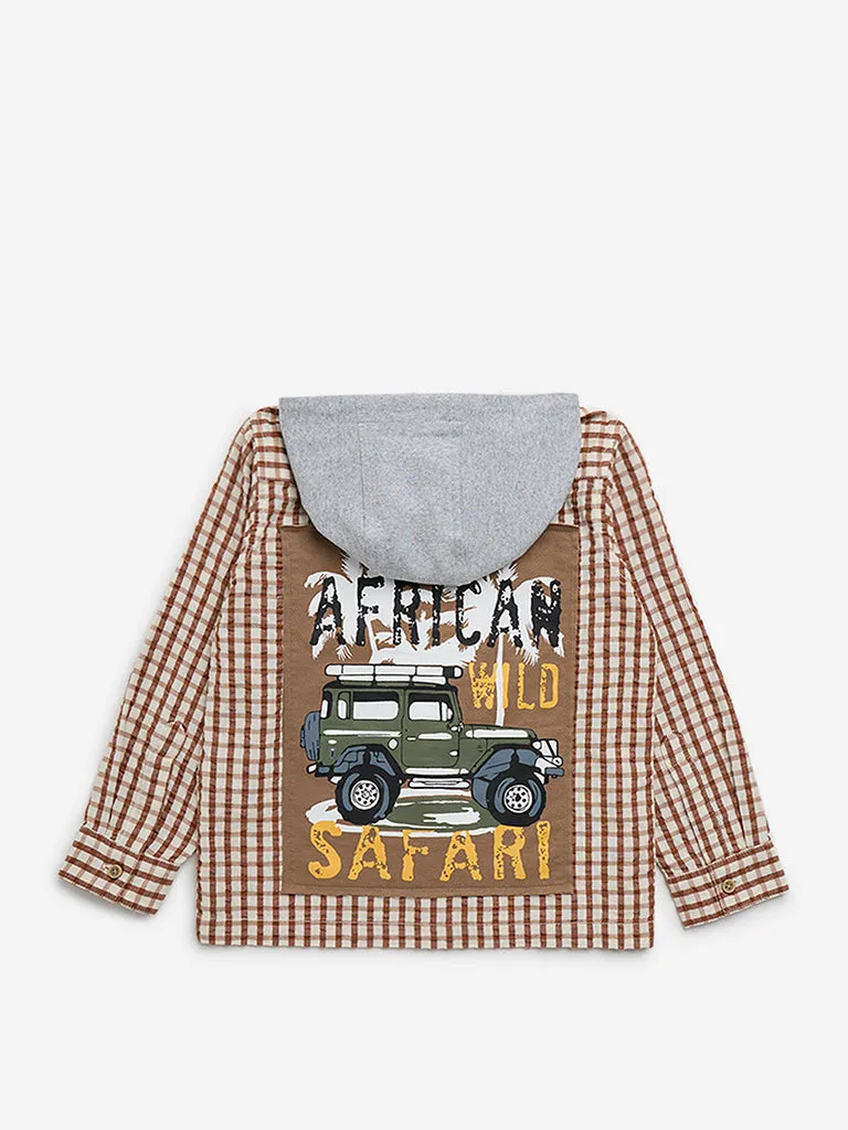 HOP Kids Brown Checks Patterned Hooded Cotton Shirt
